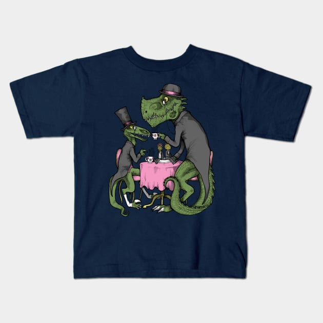 Jurassic Tea Party Kids T-Shirt by inkninja